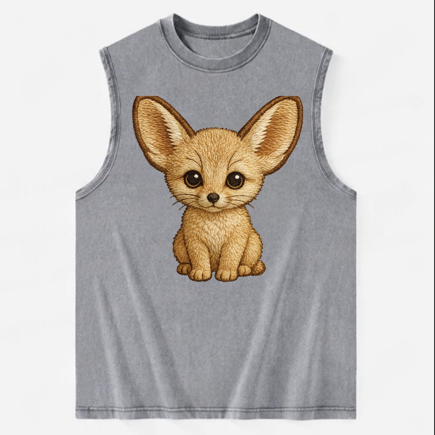 Baby Fennec Fox - huge ears, cream fur, large dark eyes, front-facing, desert - Vintage Washed Tank - Grey