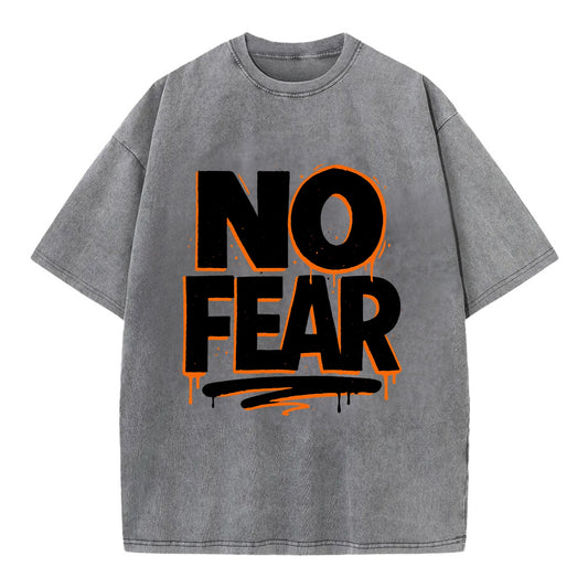 Bold typography design - "NO FEAR" - courage, bravery - Vintage T-shirt - Grey