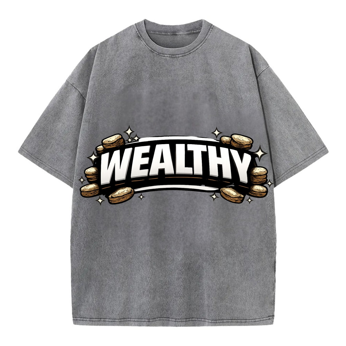 Bold typography design - "WEALTHY" - financial abundance, rich life - Vintage T-shirt - Grey