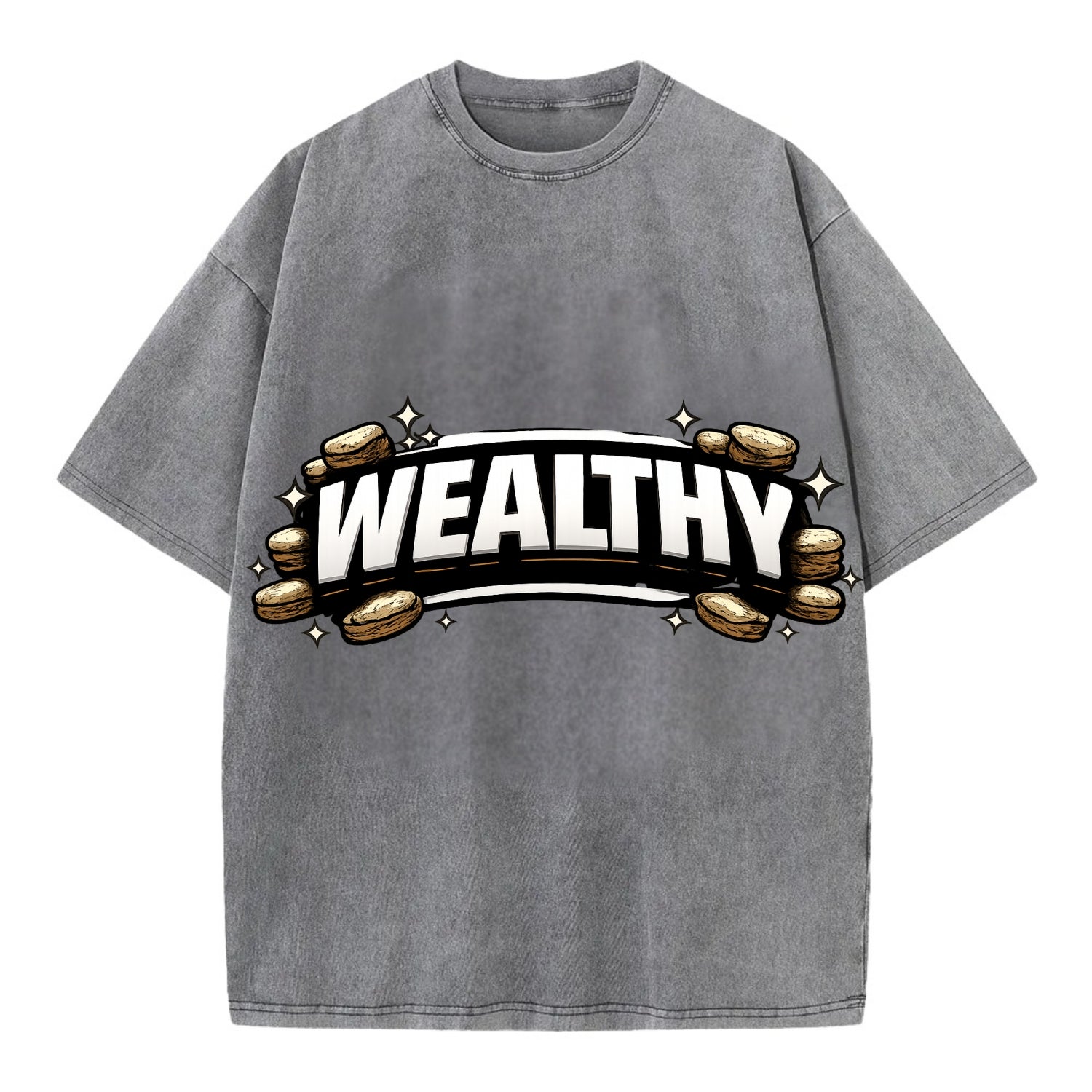 Bold typography design - "WEALTHY" - financial abundance, rich life - Vintage T-shirt - Grey