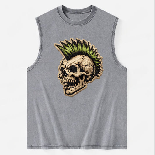 MOHAWK SKULL - punk skull with mohawk in neon green and black , punk rock - Vintage Washed Tank - Grey