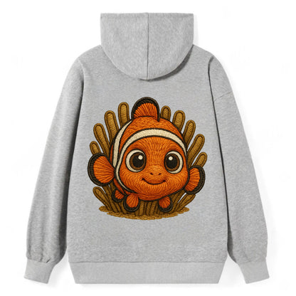 Baby Clownfish - orange with white stripes, big round eyes, front-facing - Classic Pullover Hoodie - Grey