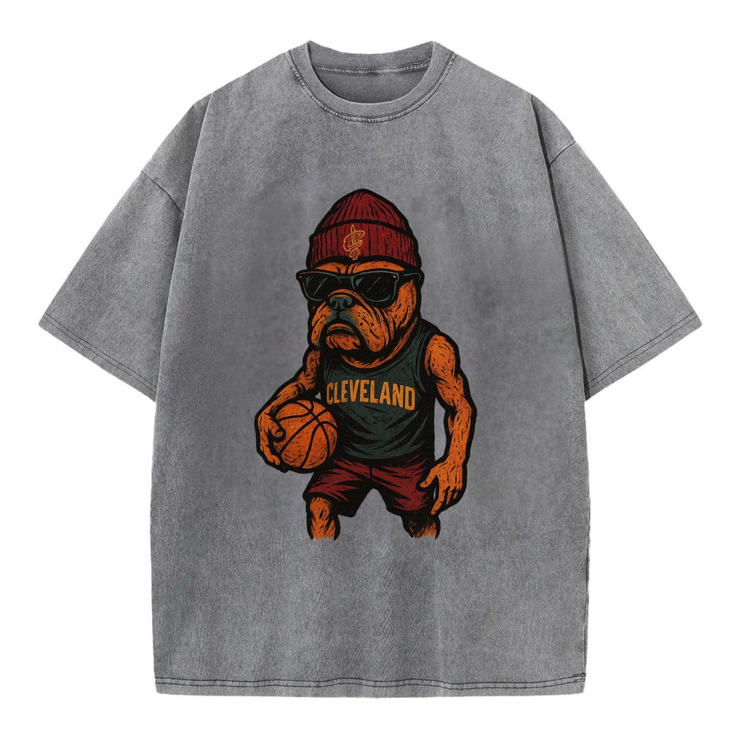 Cleveland Bulldog wearing Cavaliers wine and gold beanie with sword patch and - Vintage T-shirt - Grey