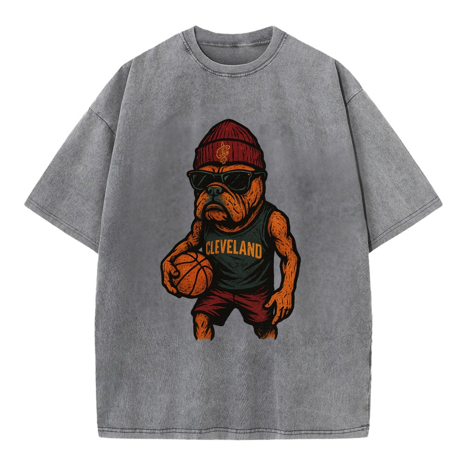 Cleveland Bulldog wearing Cavaliers wine and gold beanie with sword patch and - Vintage T-shirt - Grey