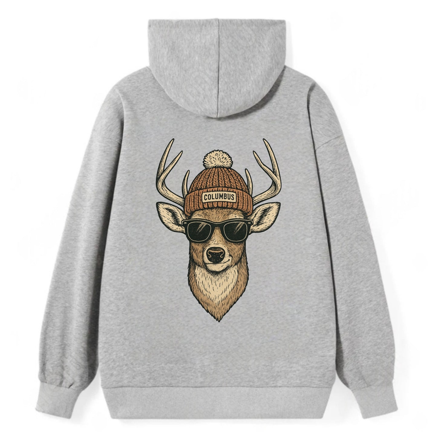 Ohio White-tailed Deer wearing Columbus beanie with pom pom and wayfarer - Classic Pullover Hoodie - Grey