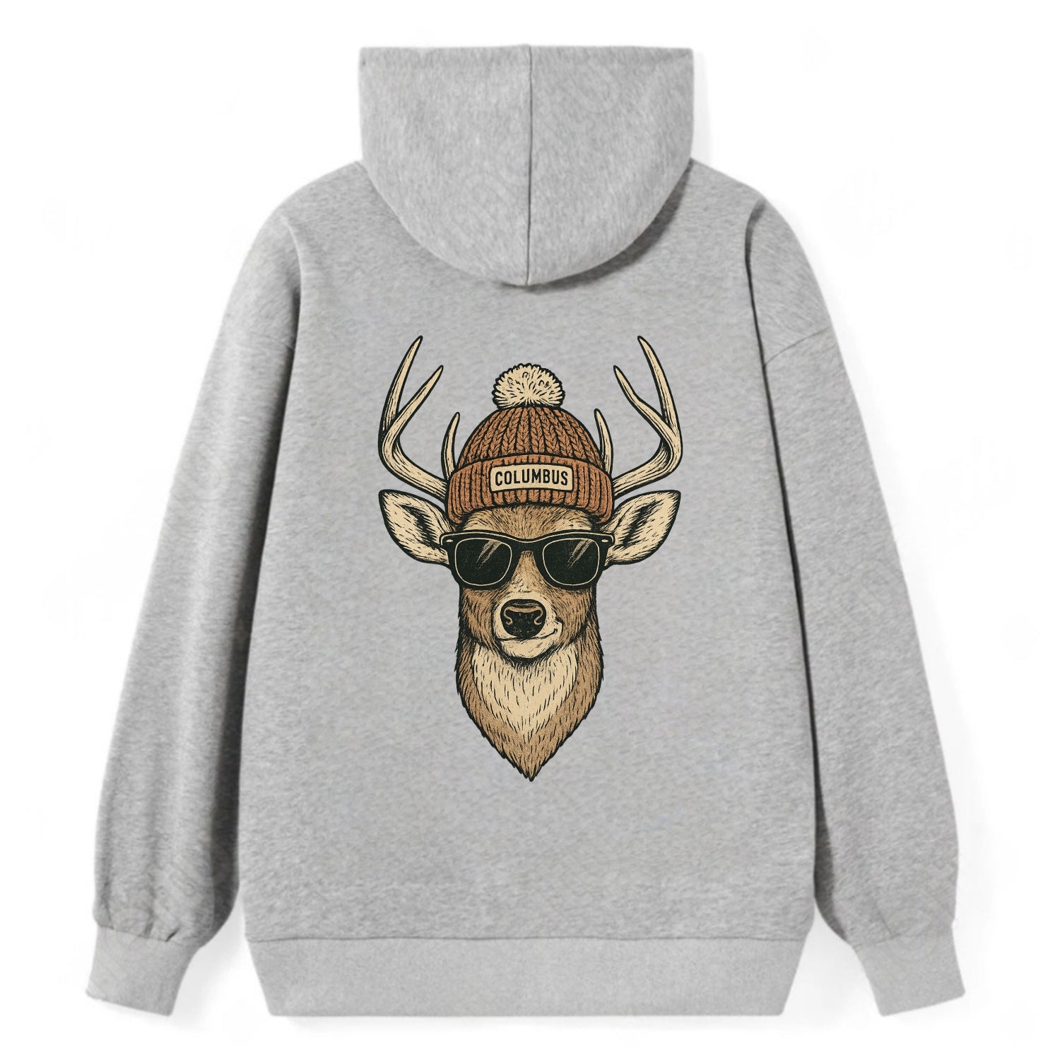 Ohio White-tailed Deer wearing Columbus beanie with pom pom and wayfarer - Classic Pullover Hoodie - Grey
