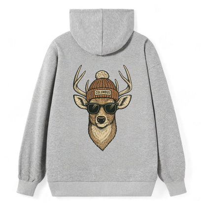 Ohio White-tailed Deer wearing Columbus beanie with pom pom and wayfarer - Classic Pullover Hoodie - Grey
