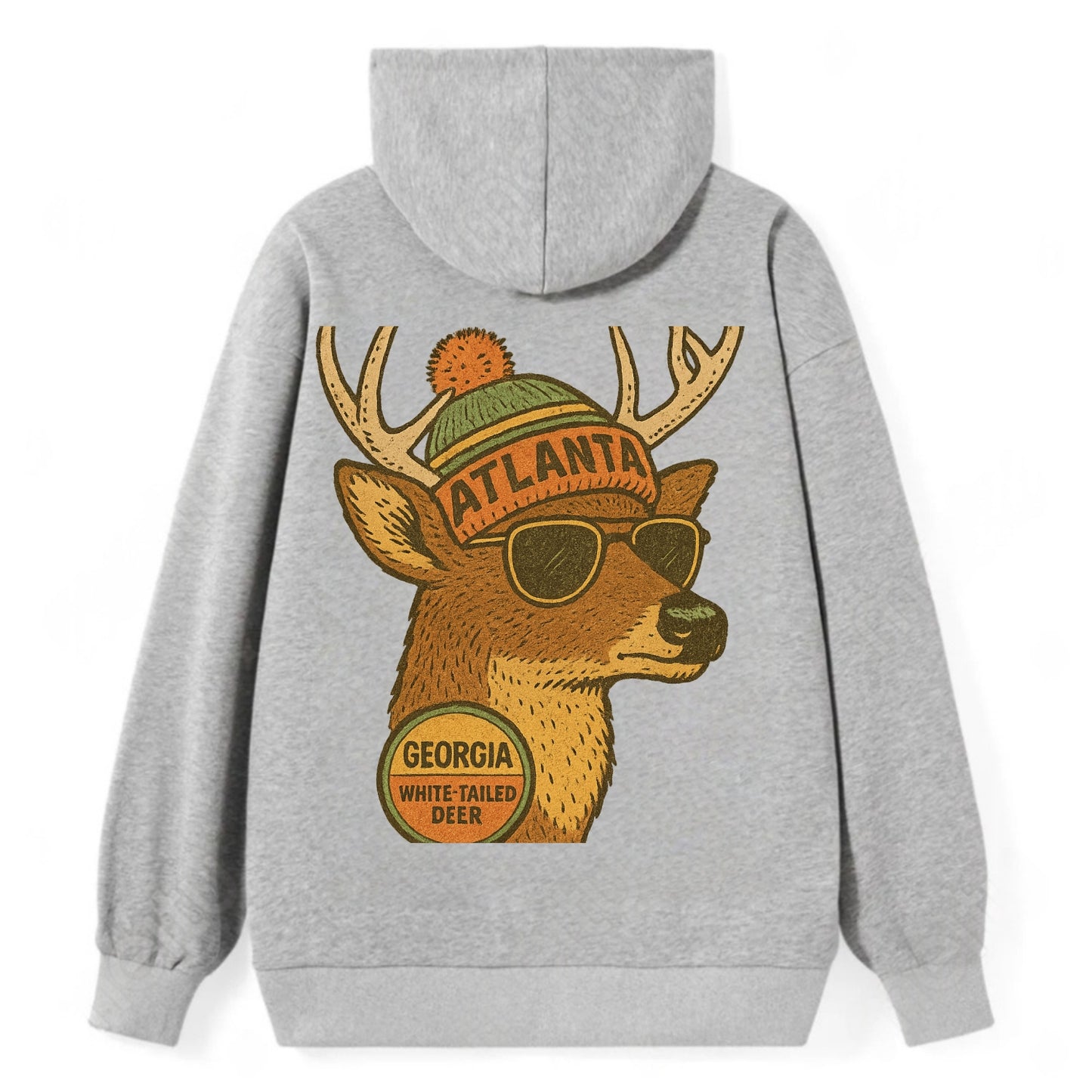 Georgia White-tailed Deer wearing Atlanta beanie with pom pom and - Classic Pullover Hoodie - Grey
