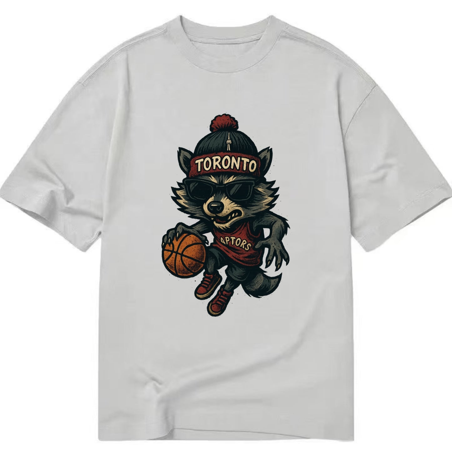 Toronto Raccoon wearing Raptors beanie with CN Tower patch and wayfarer sunglasses - Classic T-shirt - Grey