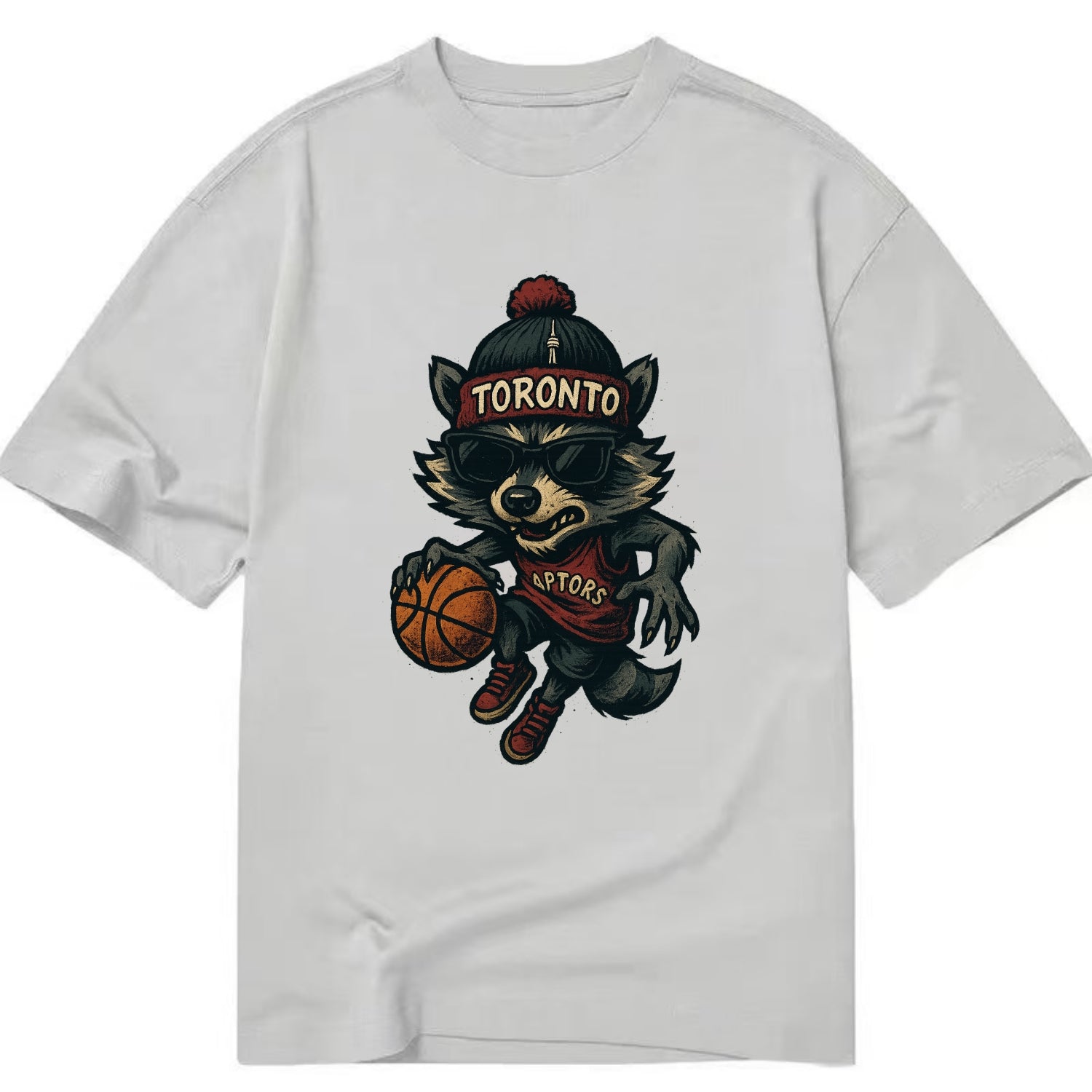 Toronto Raccoon wearing Raptors beanie with CN Tower patch and wayfarer sunglasses - Classic T-shirt - Grey