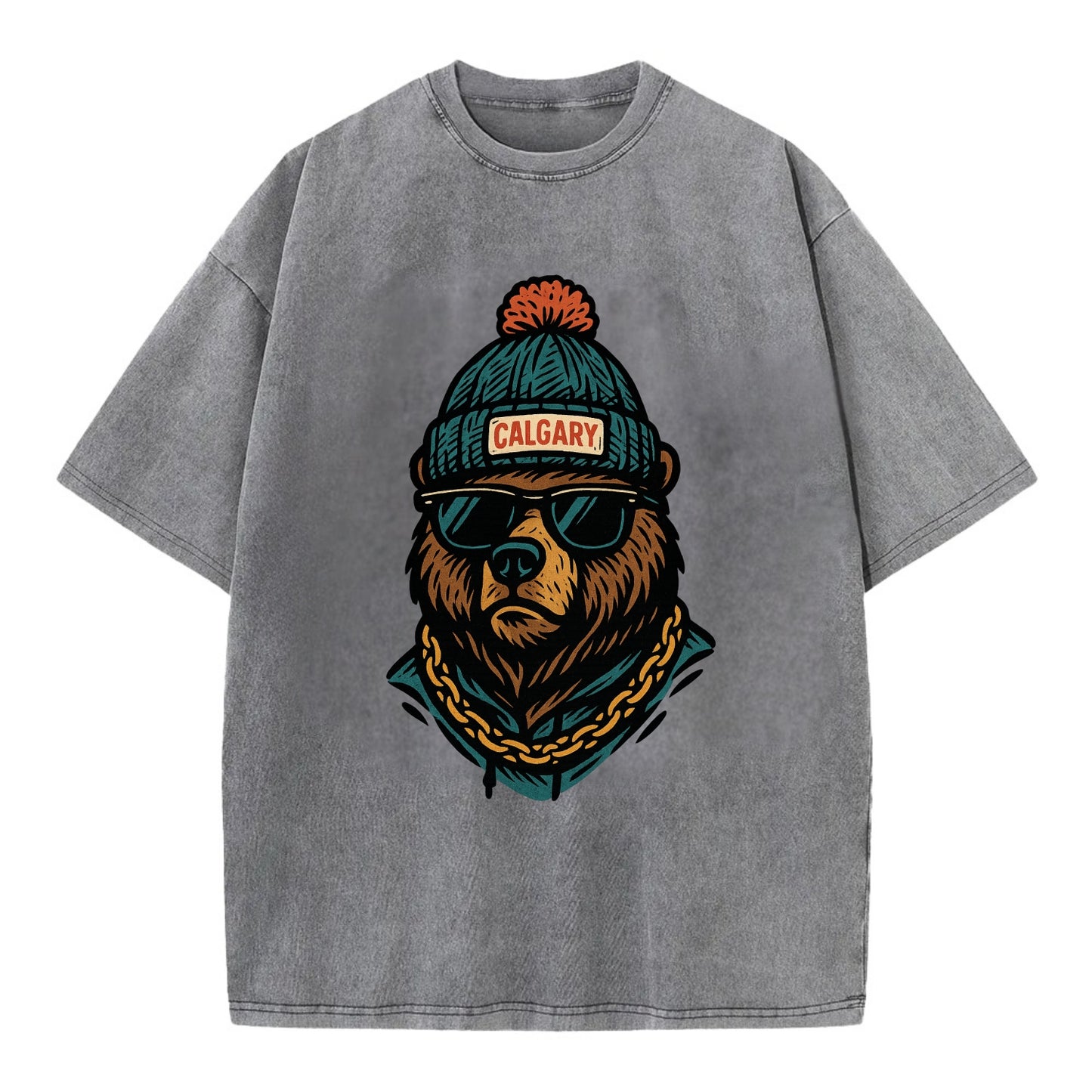 Calgary Grizzly Bear wearing Calgary beanie with pom pom and wayfarer sunglasses - Vintage T-shirt - Grey
