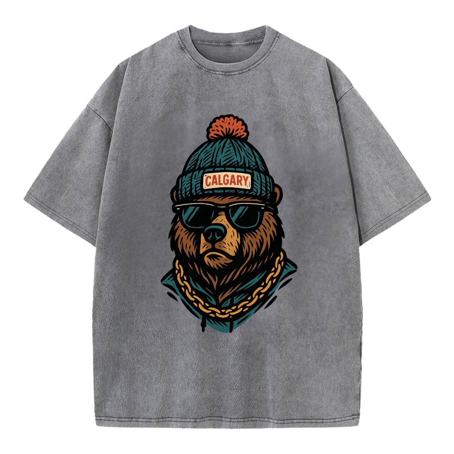 Calgary Grizzly Bear wearing Calgary beanie with pom pom and wayfarer sunglasses - Vintage T-shirt - Grey