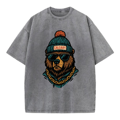Calgary Grizzly Bear wearing Calgary beanie with pom pom and wayfarer sunglasses - Vintage T-shirt - Grey