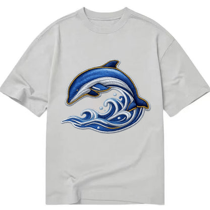 Embroidered patch design - SWIMMING DOLPHIN - diving dolphin with waves in blue - Classic T-shirt - Grey