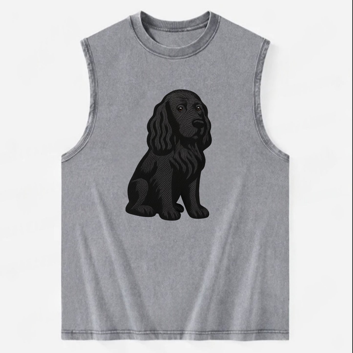 Field Spaniel - Black silky coat embroidered pose - Vintage Washed Tank - Grey