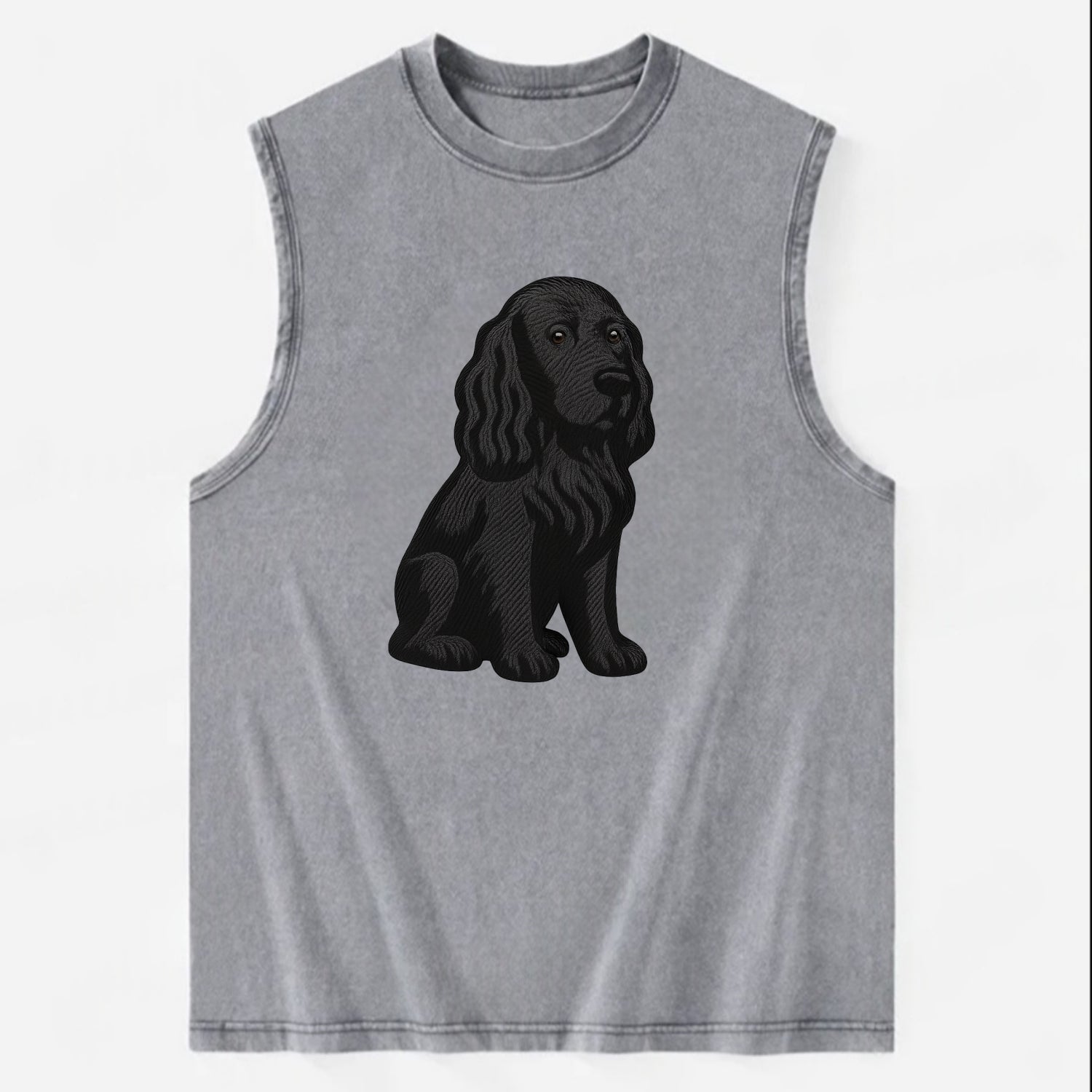Field Spaniel - Black silky coat embroidered pose - Vintage Washed Tank - Grey
