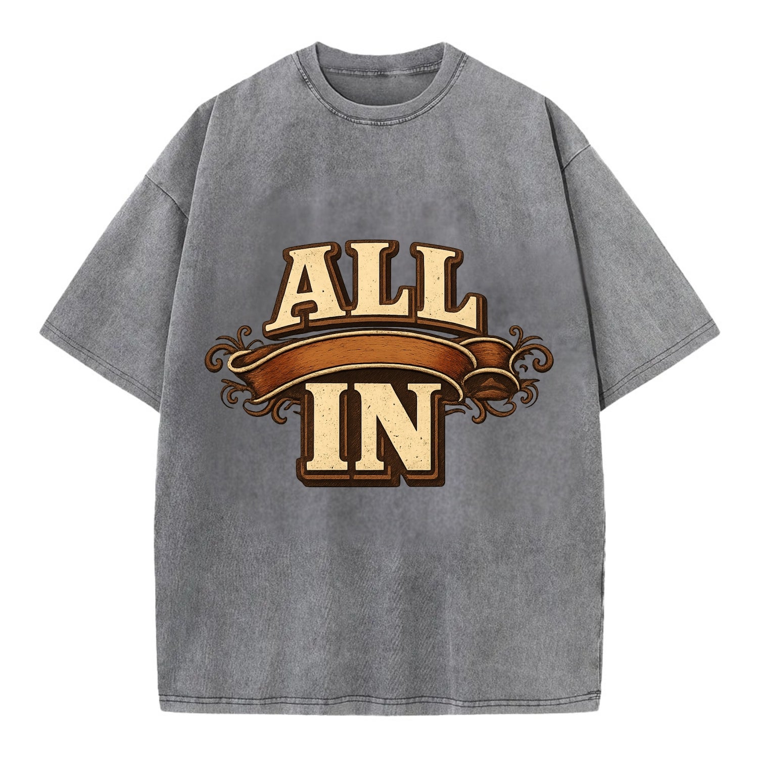 Bold typography design - "ALL IN" - complete commitment, no holding back - Vintage T-shirt - Grey