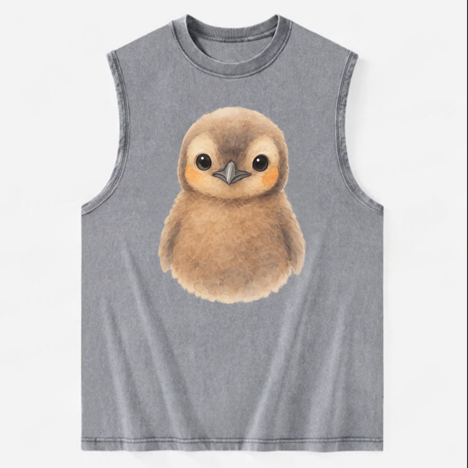 Baby King Penguin - orange cheek patches, fluffy brown, large eyes, - Vintage Washed Tank - Grey