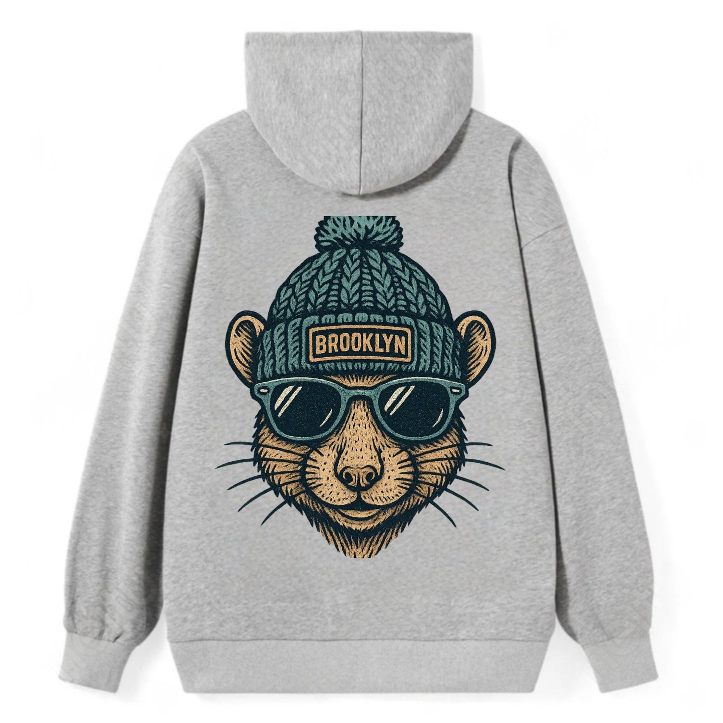 NYC Rat wearing Brooklyn beanie with pom pom and wayfarer sunglasses - Classic Pullover Hoodie - Grey