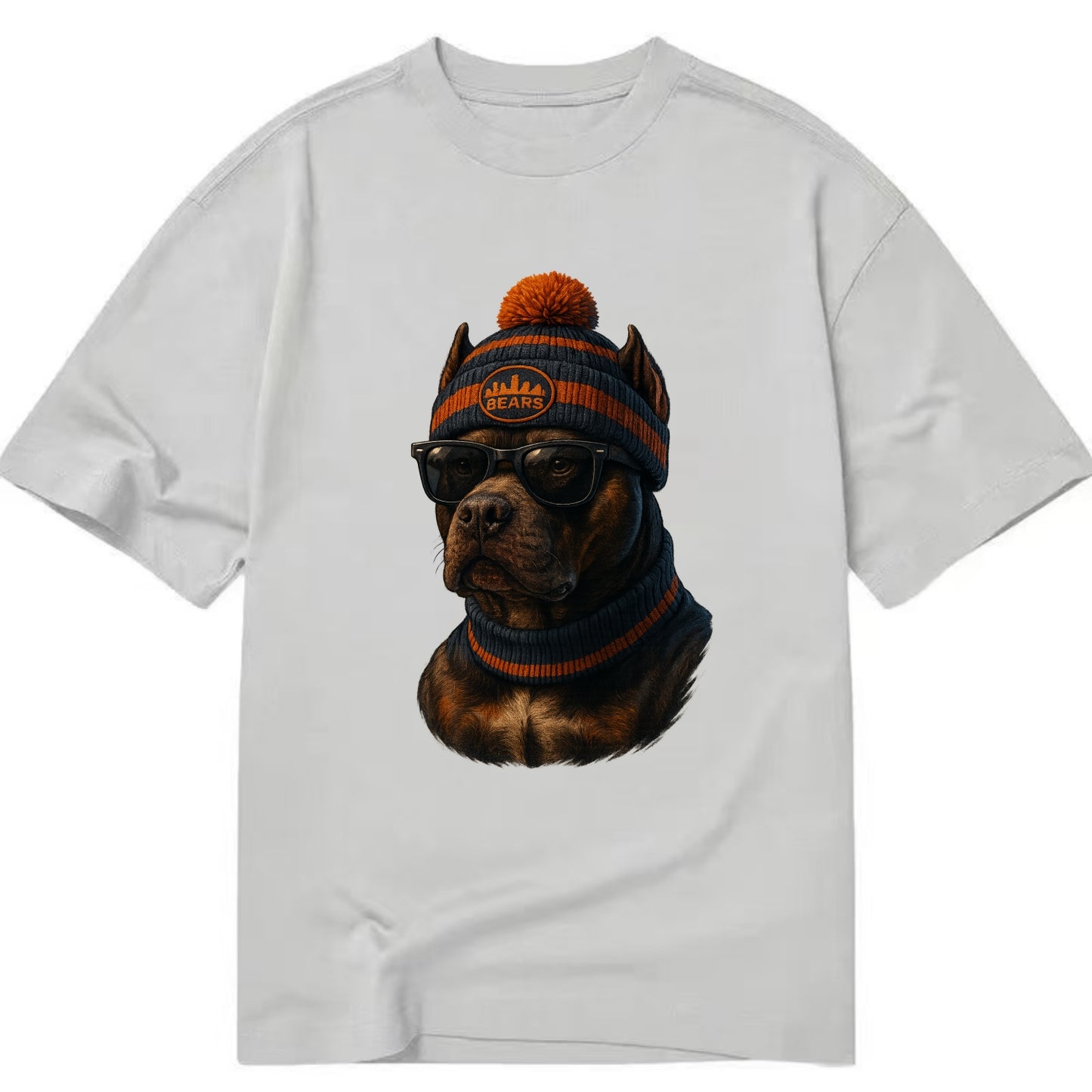 Chicago Pitbull wearing Bears beanie with skyline patch and wayfarer sunglasses - Classic T-shirt - Grey