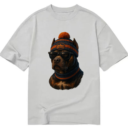 Chicago Pitbull wearing Bears beanie with skyline patch and wayfarer sunglasses - Classic T-shirt - Grey