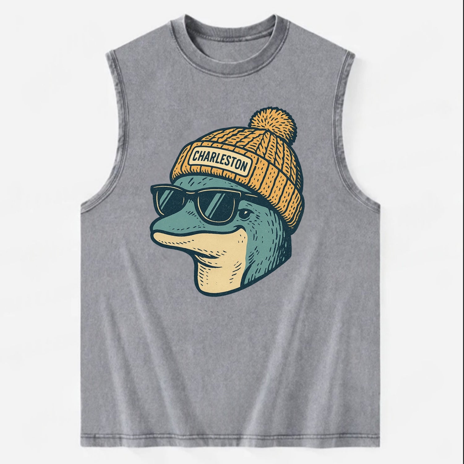 Charleston Dolphin wearing Charleston beanie with pom pom and wayfarer - Vintage Washed Tank - Grey