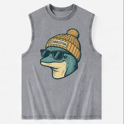 Charleston Dolphin wearing Charleston beanie with pom pom and wayfarer - Vintage Washed Tank - Grey