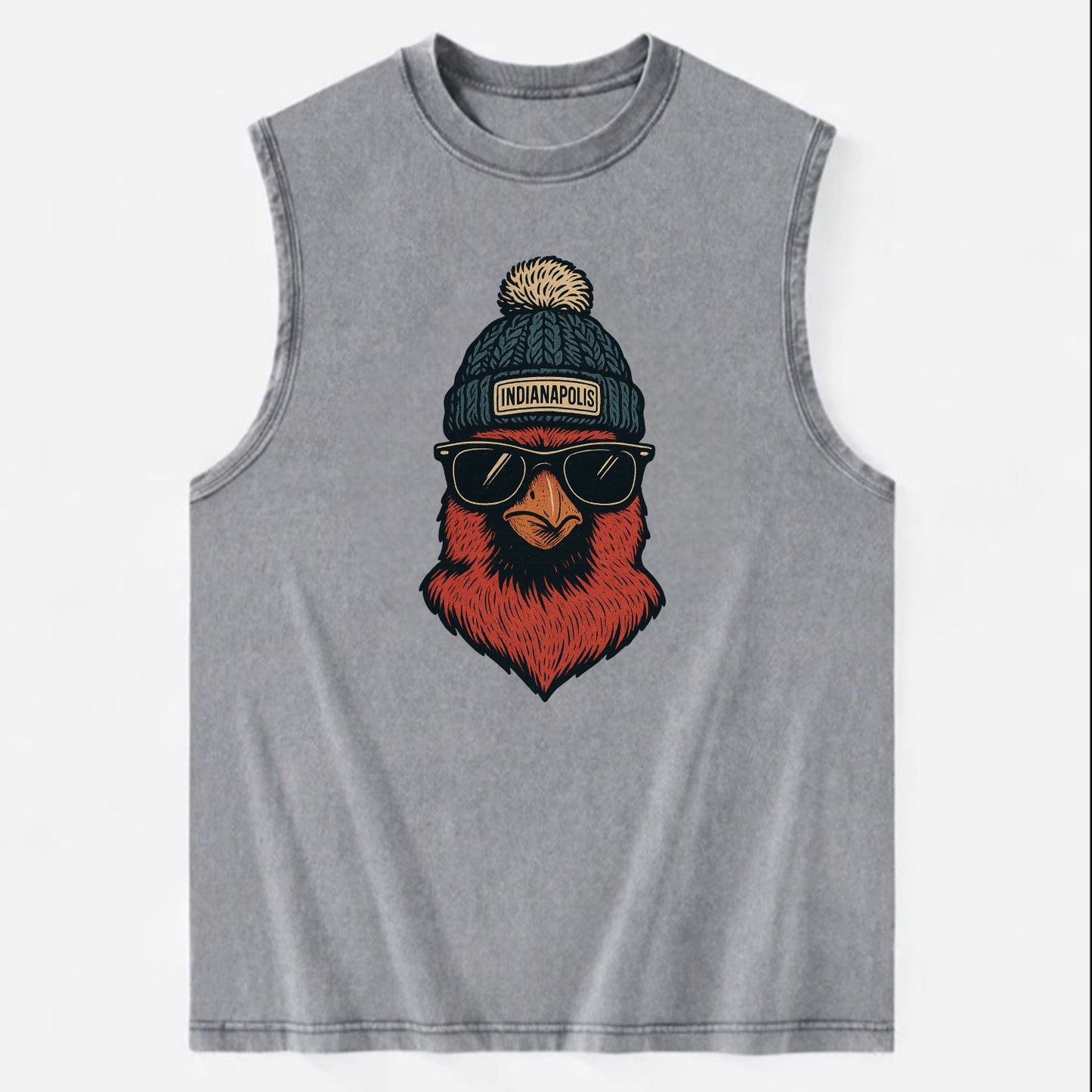 Indiana Cardinal wearing Indianapolis beanie with pom pom and wayfarer - Vintage Washed Tank - Grey
