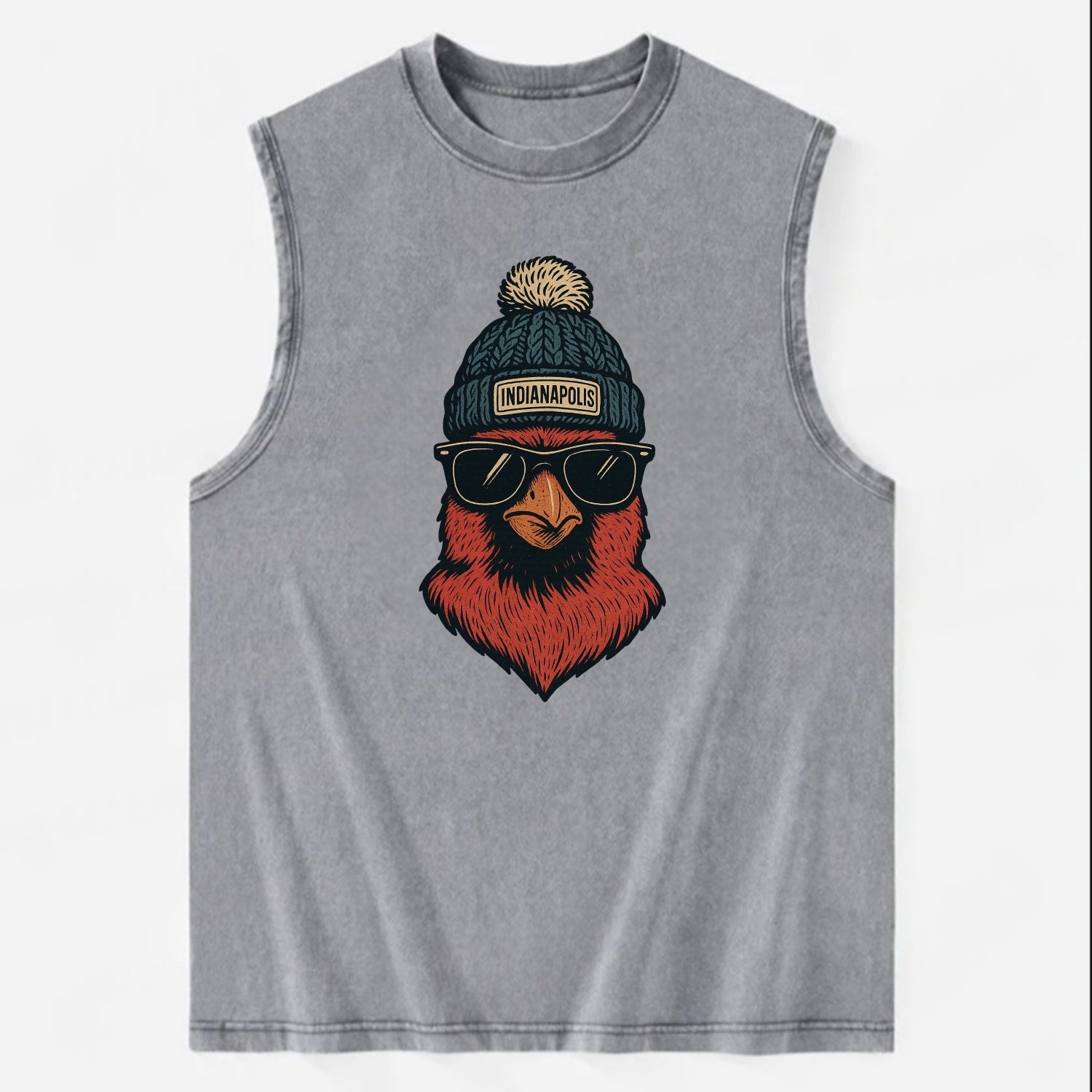 Indiana Cardinal wearing Indianapolis beanie with pom pom and wayfarer - Vintage Washed Tank - Grey