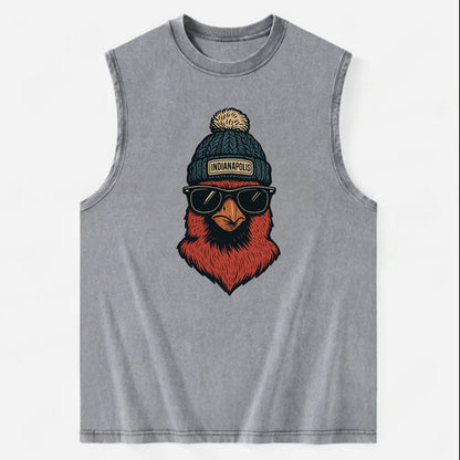 Indiana Cardinal wearing Indianapolis beanie with pom pom and wayfarer - Vintage Washed Tank - Grey