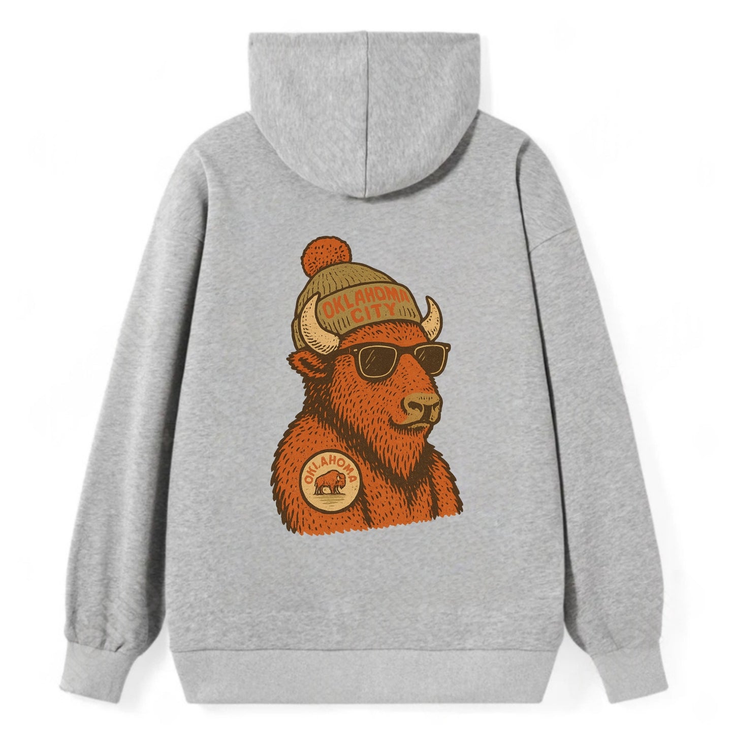 Oklahoma Buffalo wearing Oklahoma City beanie with pom pom and wayfarer - Classic Pullover Hoodie - Grey