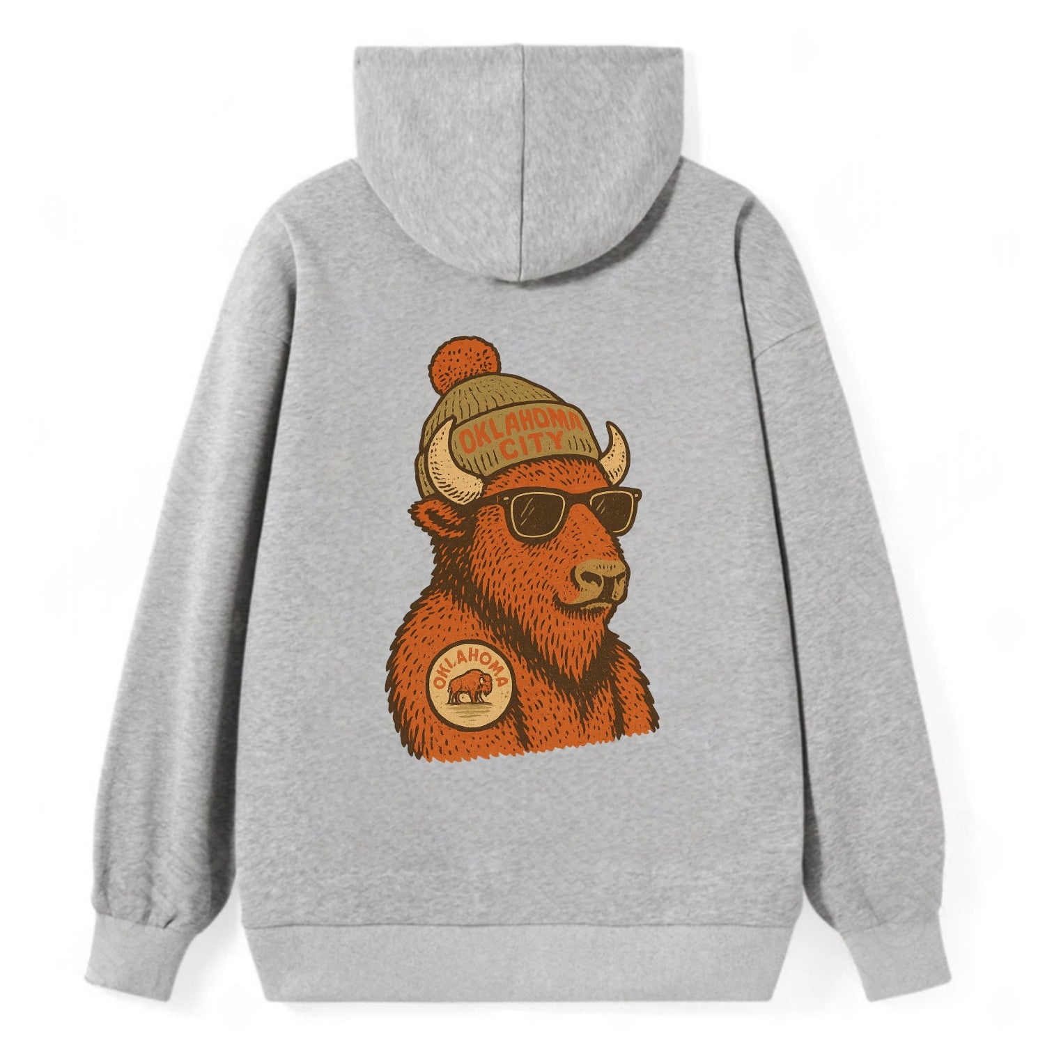 Oklahoma Buffalo wearing Oklahoma City beanie with pom pom and wayfarer - Classic Pullover Hoodie - Grey