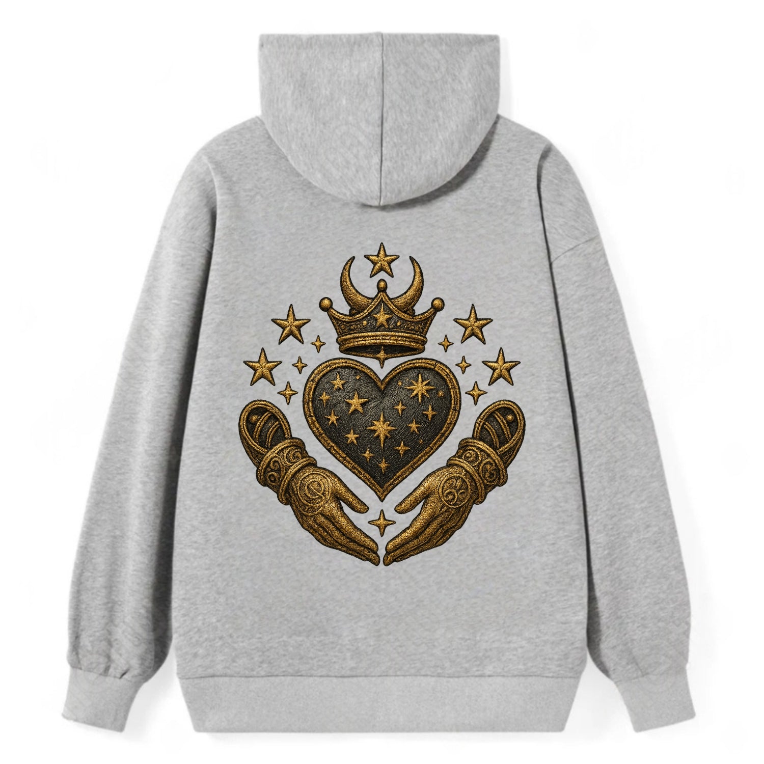 Weathered antique brass crown above a hammered gunmetal heart framed by - Classic Pullover Hoodie - Grey