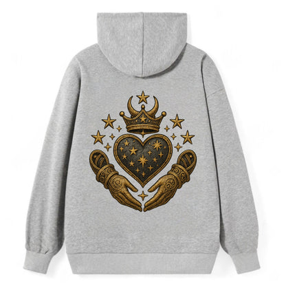 Weathered antique brass crown above a hammered gunmetal heart framed by - Classic Pullover Hoodie - Grey