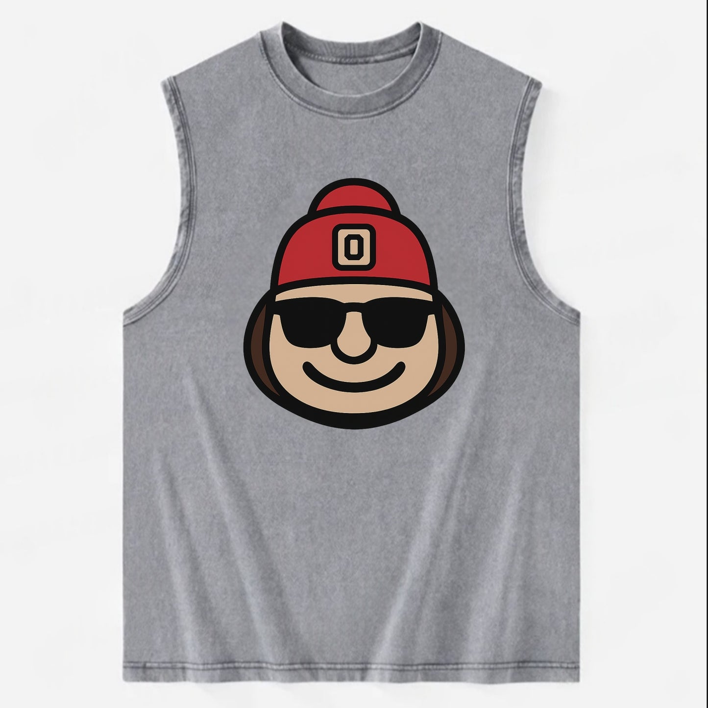 Columbus Brutus wearing Ohio State beanie with Block O patch - Vintage Washed Tank - Grey