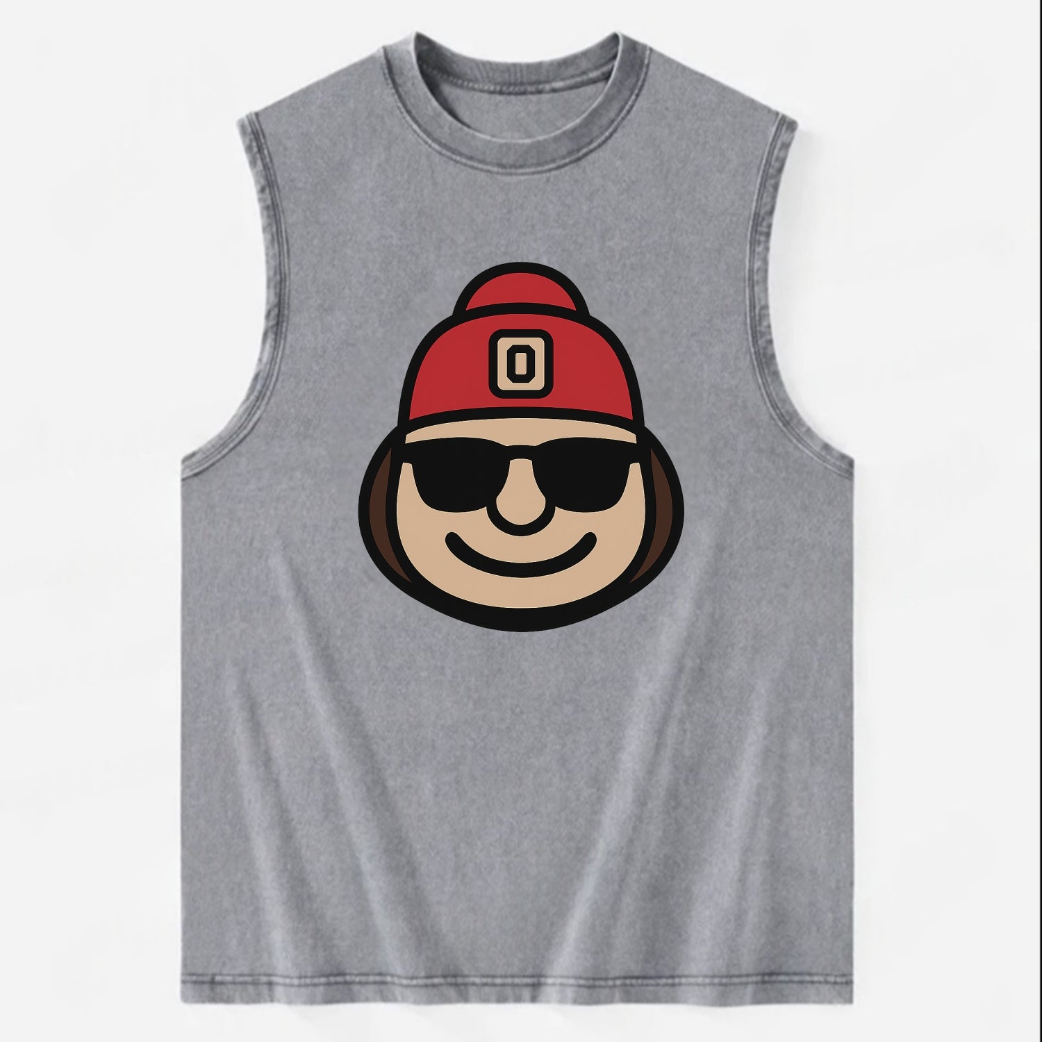 Columbus Brutus wearing Ohio State beanie with Block O patch - Vintage Washed Tank - Grey