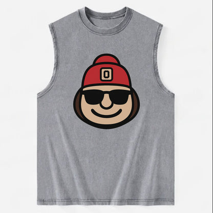 Columbus Brutus wearing Ohio State beanie with Block O patch - Vintage Washed Tank - Grey