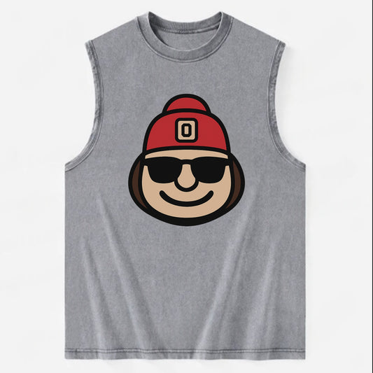 Columbus Brutus wearing Ohio State beanie with Block O patch - Vintage Washed Tank - Grey