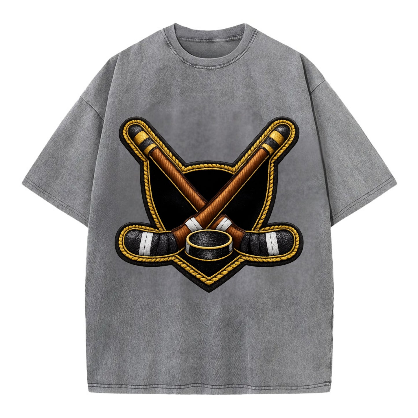 Embroidered patch design - HOCKEY CROSSED STICKS - ice hockey sticks with puck in - Vintage T-shirt - Grey