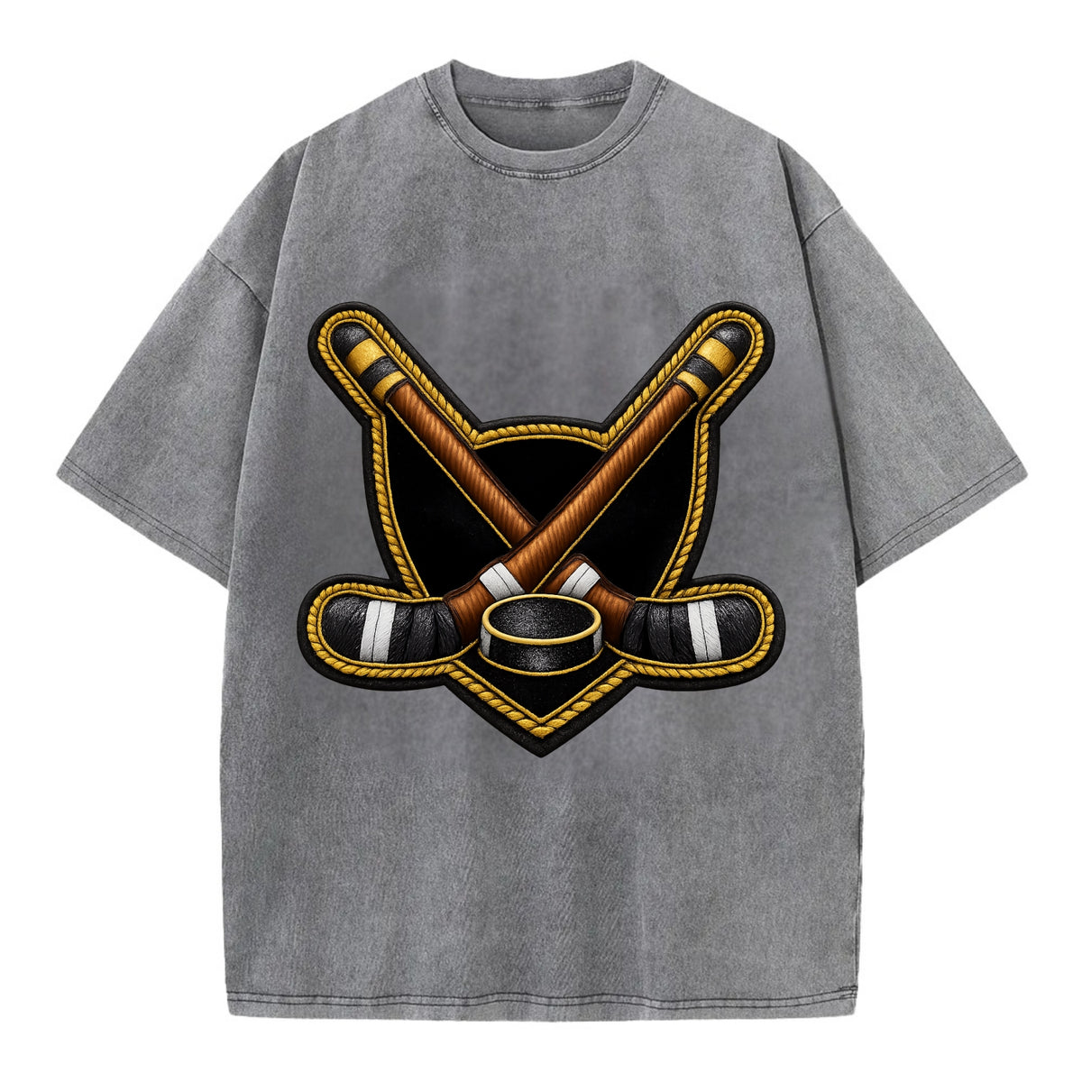 Embroidered patch design - HOCKEY CROSSED STICKS - ice hockey sticks with puck in - Vintage T-shirt - Grey