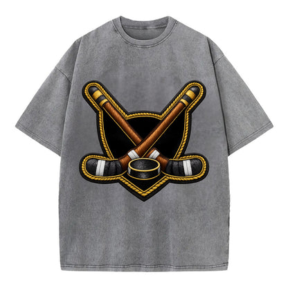 Embroidered patch design - HOCKEY CROSSED STICKS - ice hockey sticks with puck in - Vintage T-shirt - Grey