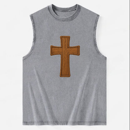 Carved Cross  - Vintage Washed Tank - Grey