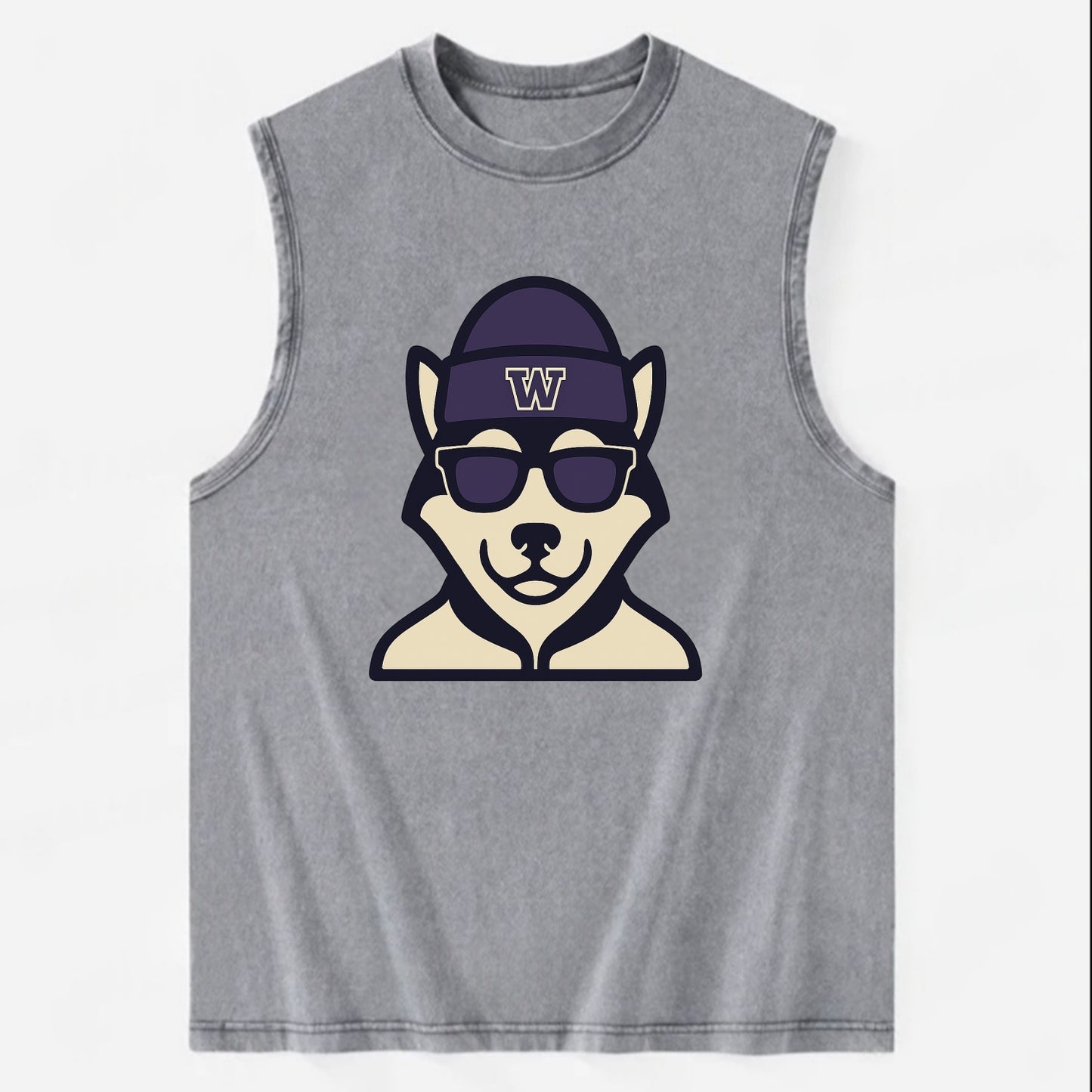 Seattle Husky wearing Washington beanie with W patch - Vintage Washed Tank - Grey