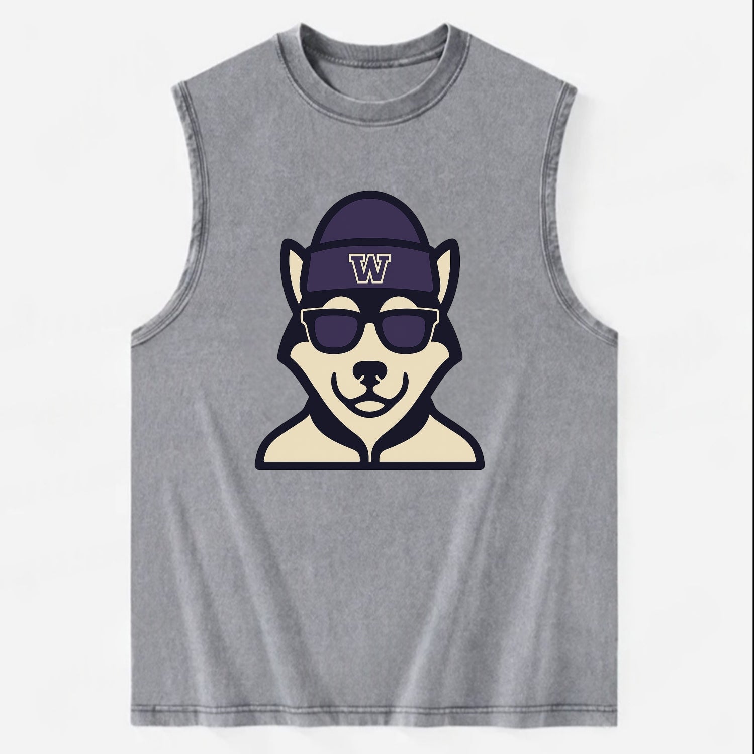 Seattle Husky wearing Washington beanie with W patch - Vintage Washed Tank - Grey