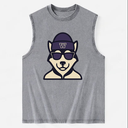 Seattle Husky wearing Washington beanie with W patch - Vintage Washed Tank - Grey