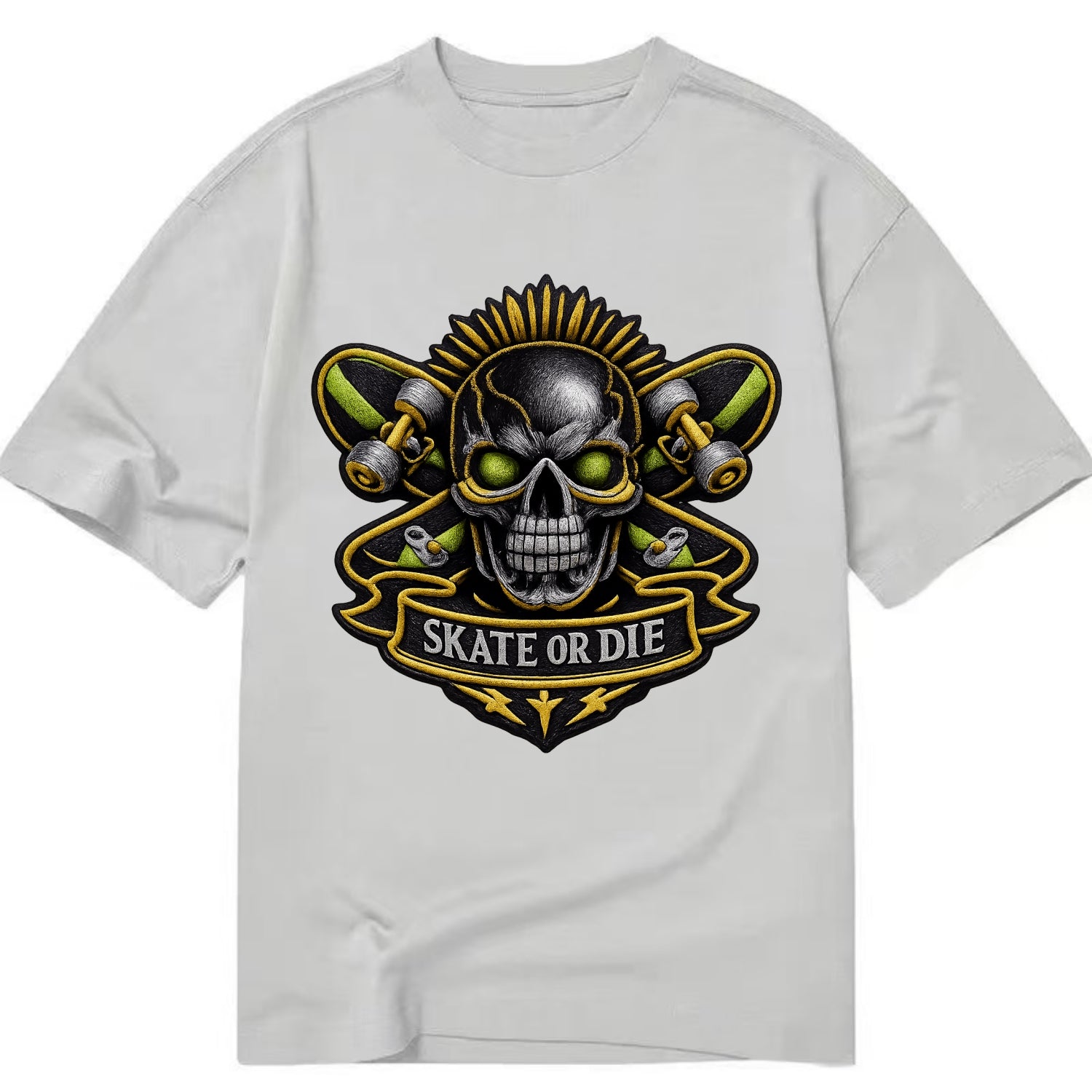 Embroidered patch design - SKATEBOARD SKULL - skull with skateboard in black and - Classic T-shirt - Grey