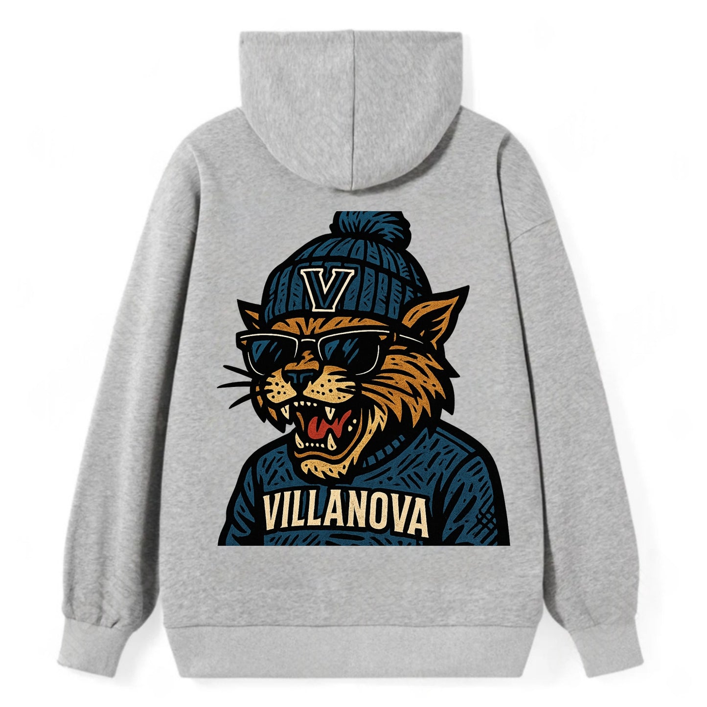 Villanova Wildcat wearing Villanova beanie with V patch - Classic Pullover Hoodie - Grey