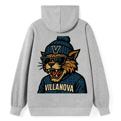 Villanova Wildcat wearing Villanova beanie with V patch - Classic Pullover Hoodie - Grey