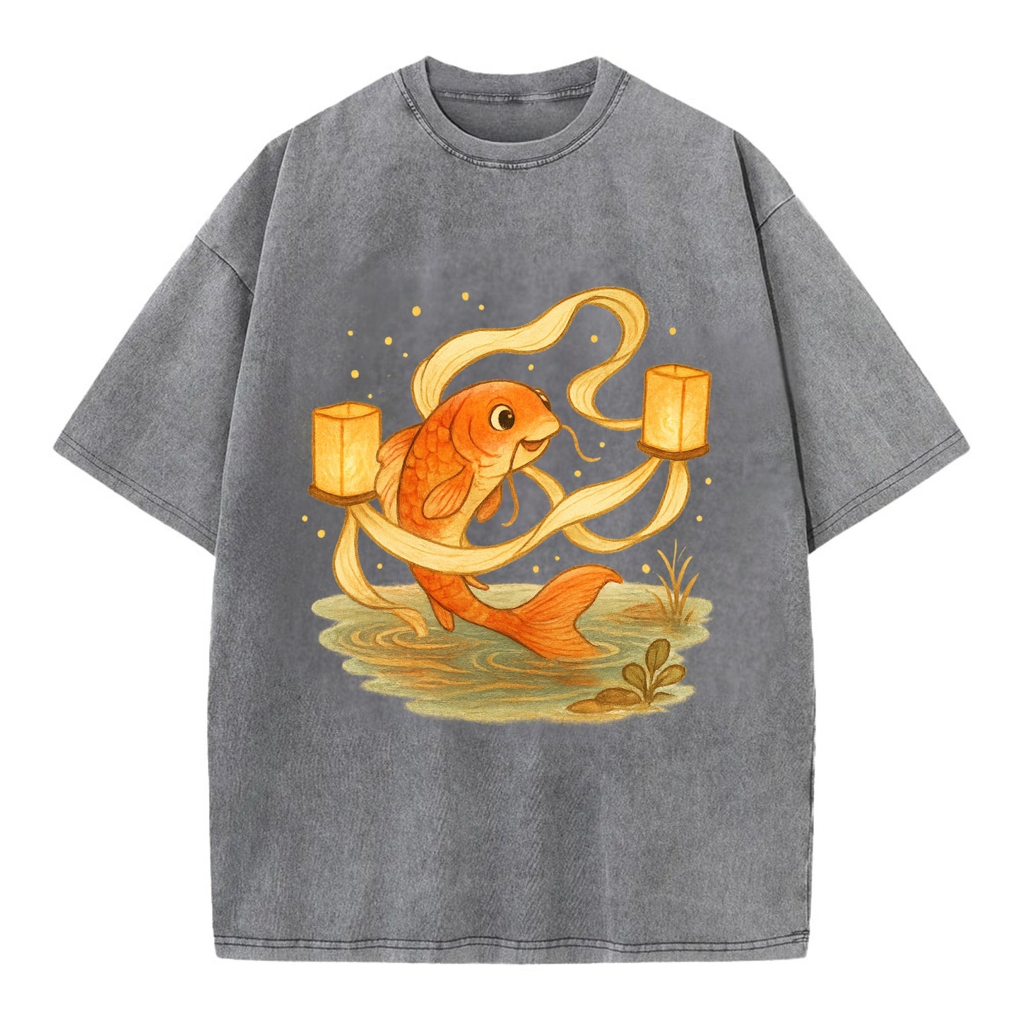 Koi weaving silk streamers through floating lanterns on tranquil water - Vintage T-shirt - Grey