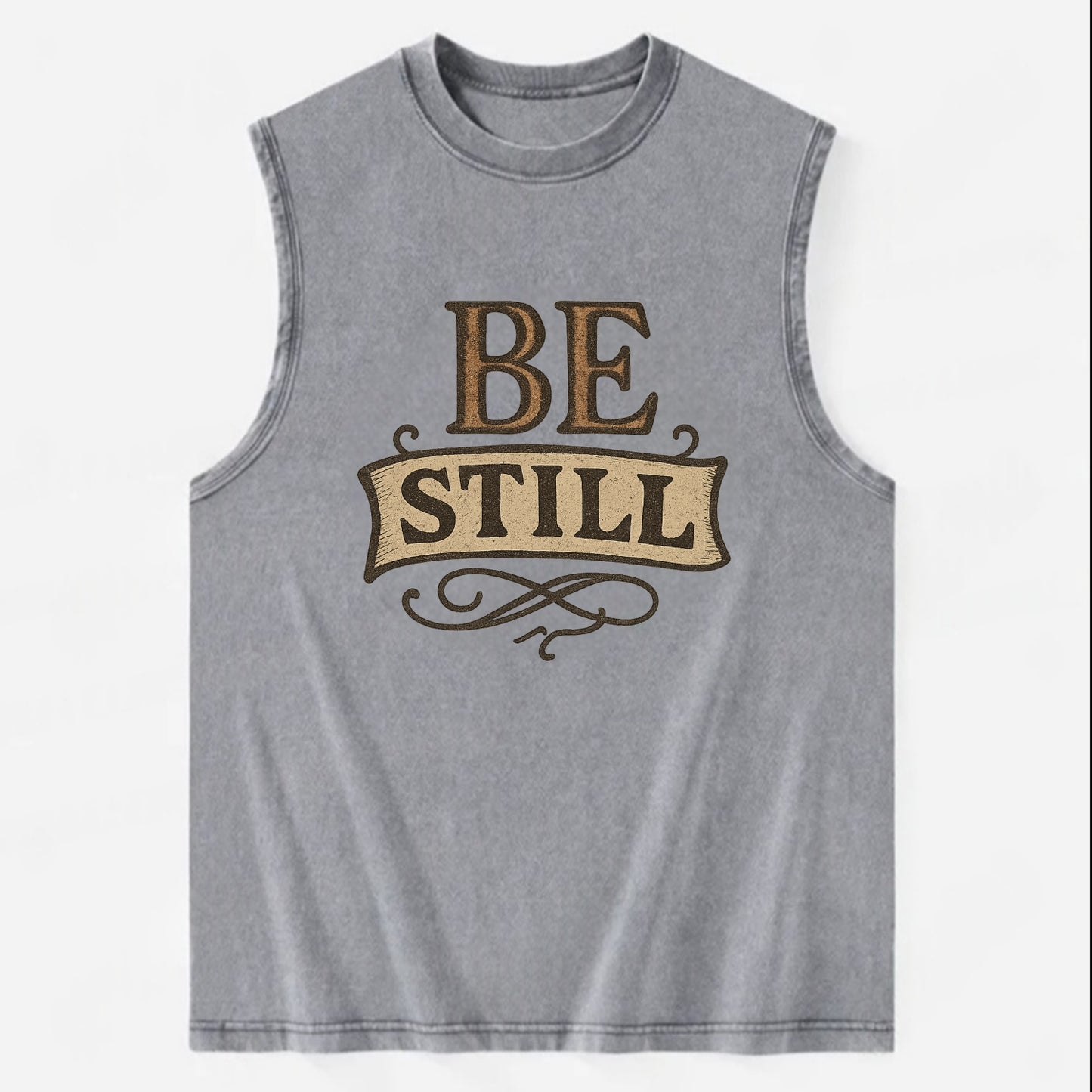 Bold typography design - "BE STILL" - quiet mind, meditation, inner peace - Vintage Washed Tank - Grey